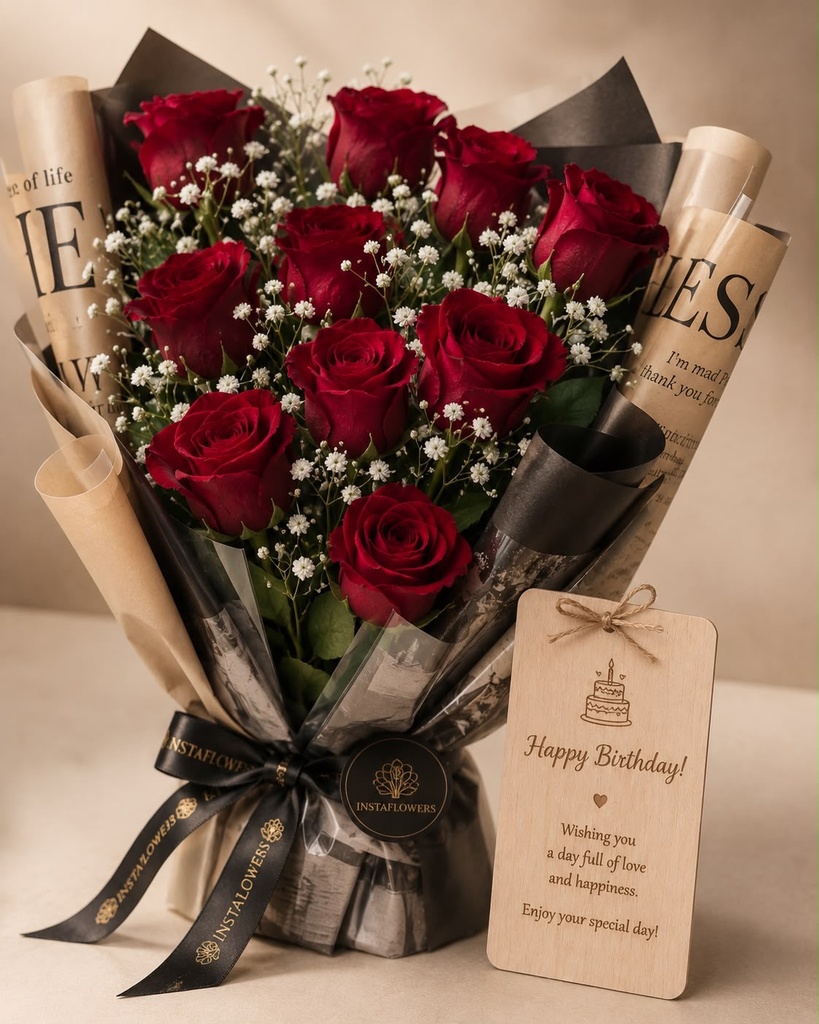 10 Roses with a free engraved Wooden card that lasts 10 وردات مع كارت محفور مخصص يدوم للابد مجانًا