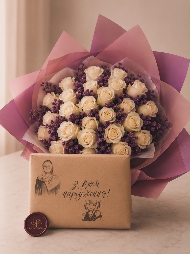 30 fresh roses, beautifully arranged with a handcrafted engraved envelope carrying your personal message—30 وردة طازجة بتنسيق أنيق، مع ظرف محفور يدويًا يحمل رسالتك الخاصة، ليصل بمشاعرك إلى قلب من تحب ويحوّل هديتك إلى ذكرى لا تُنسى.