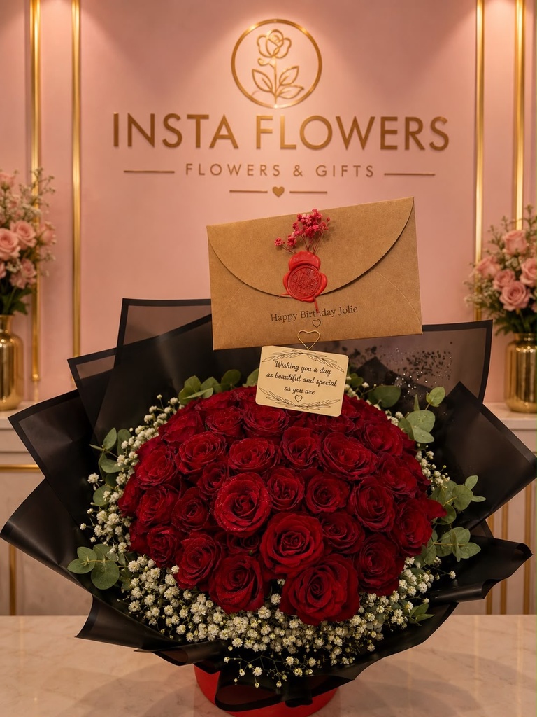 51 Red Roses- Customized message card and a vintage envelope.