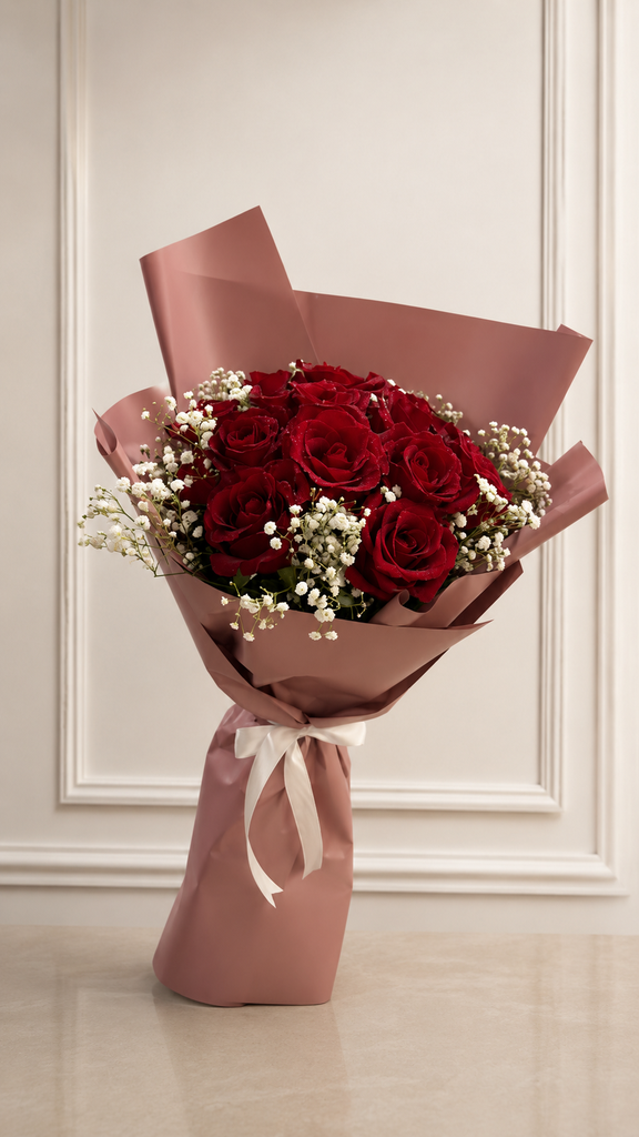 15 Red Roses with pink wrapping
