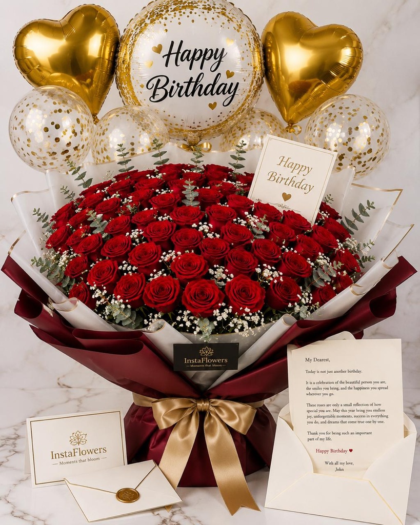 50 Premium Red Roses with Personalized Envelope Card/Birthday ballons