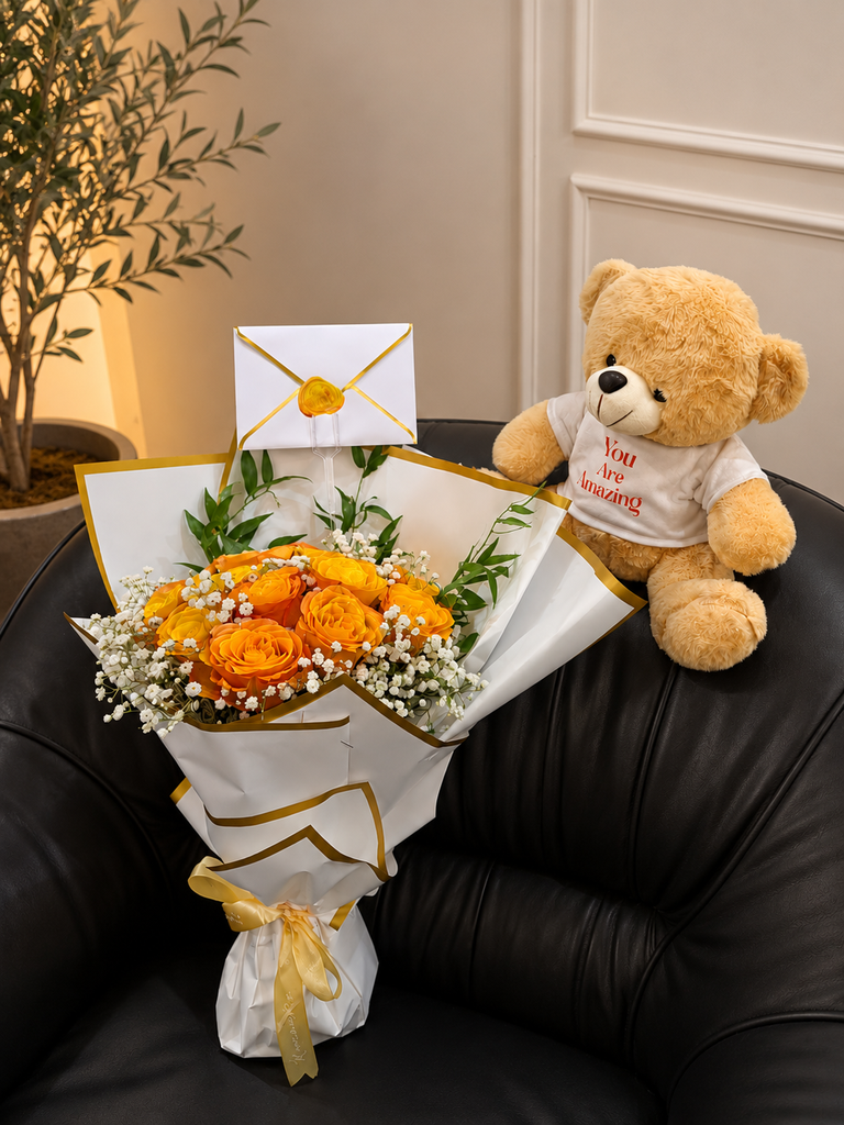 13 Orange Garden Bouquet with a customized teddy and message card 🧡