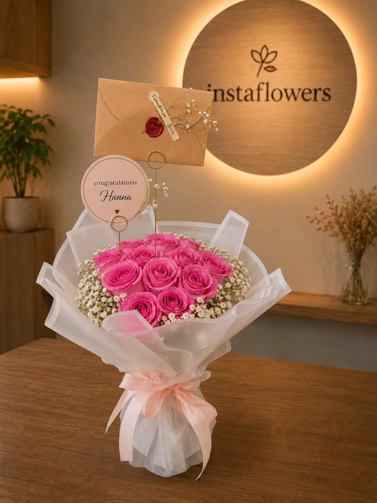 14  Premium Pink Roses with a Free Personalized Message Card 14  وردة وردية فاخرة مع كارت مخصص محفور برسالتك مجانا