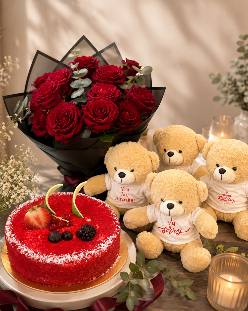 10 Flowers & One customized Teddy & Half a kg cake 🍰