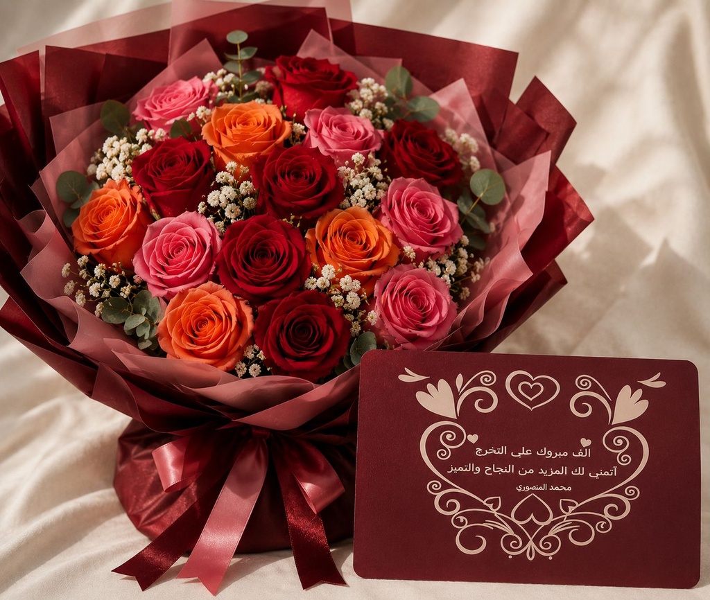 A vibrant bouquet of 15 colorful roses accompanied by a custom engraved Aluminum plaque designed with your special message for a truly unforgettable gift..