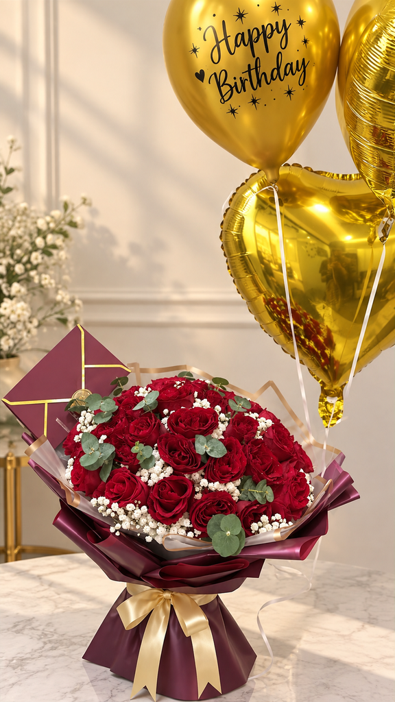 50 Red Roses with Baby blue and Gypsophila and birthday Helium ballons