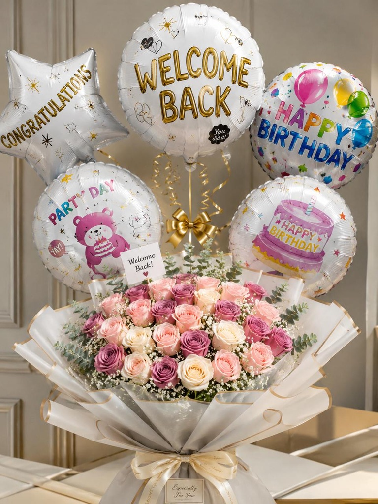 A 30 Luxury Celebration Rose Bouquet with Premium Balloons & Customized Envelope بوكيه احتفالي فاخر مكون من 30 وردة مع بالونات مميزة وظرف مخصص
