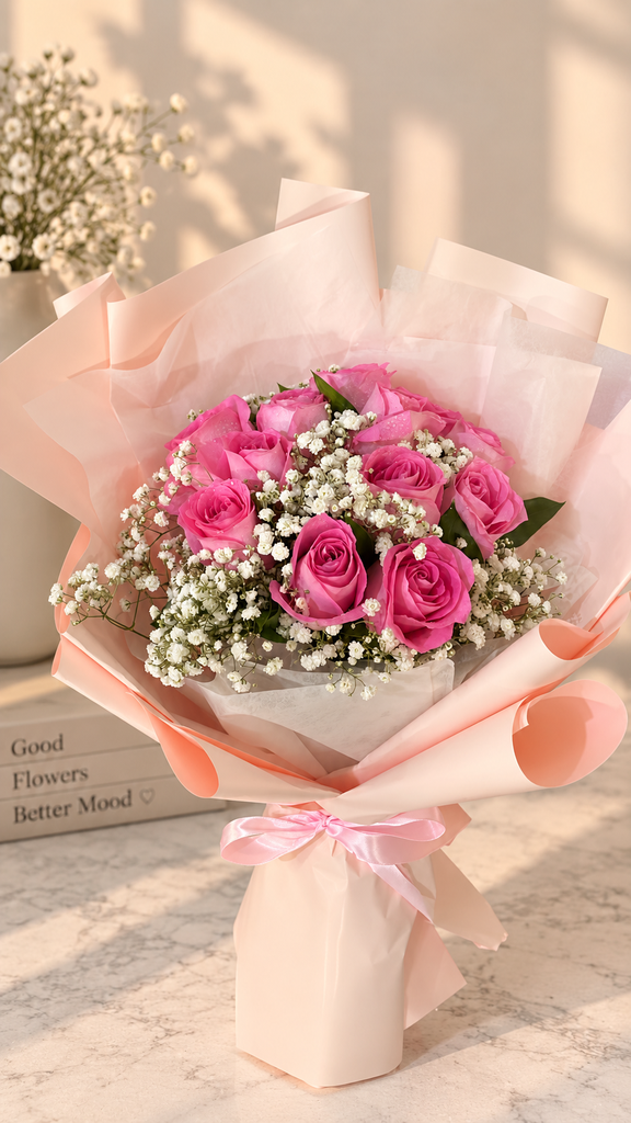 12 Pink Roses with Gypsophila