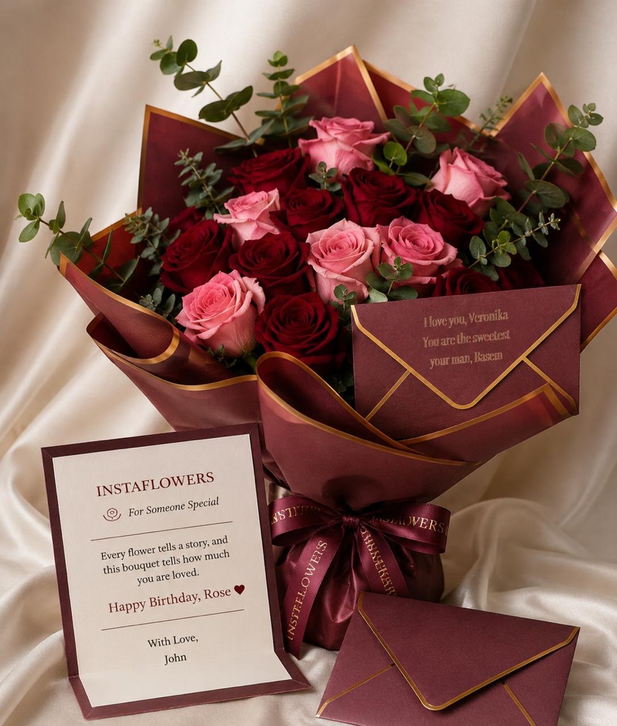 15 Luxury Rose Bouquet with Personalized engraved Letter.بوكيه فاخر مع رسالة محفورة مخصصة مجانا