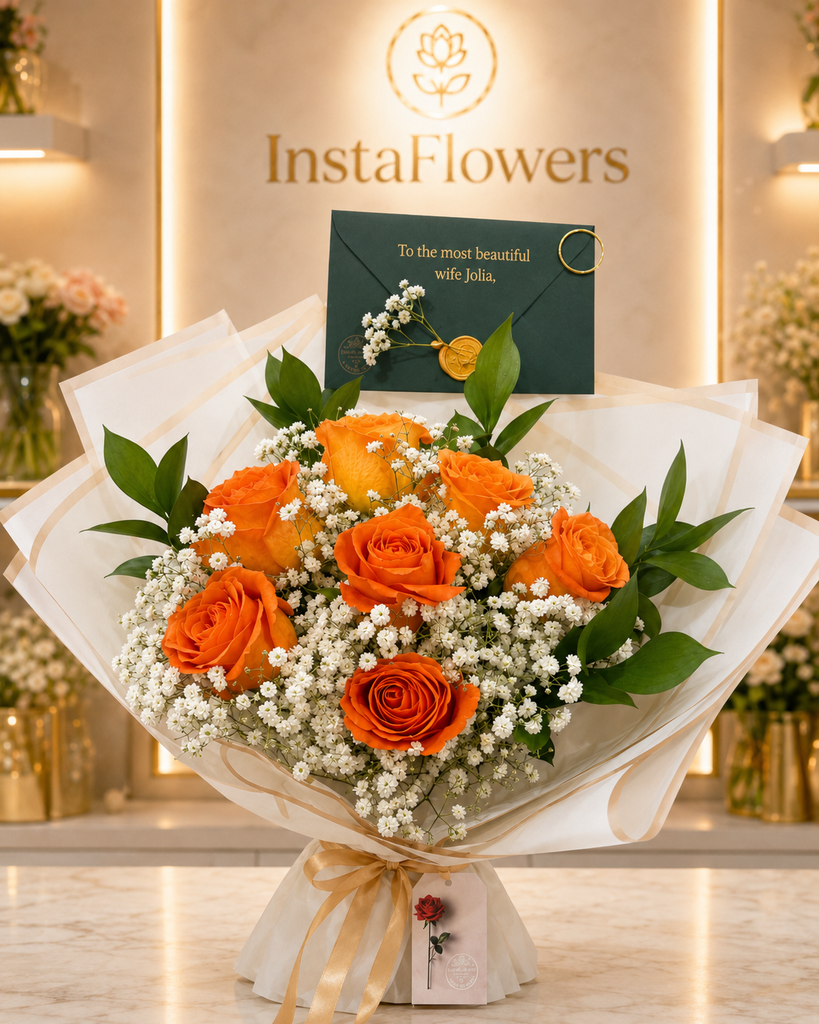 7 Orange Roses Bouquet with Luxury Wax-Sealed Congratulations Card بوكيه مكون من 7  وردات برتقالية مع بطاقة تهنئة فاخرة مختومة بالشمع