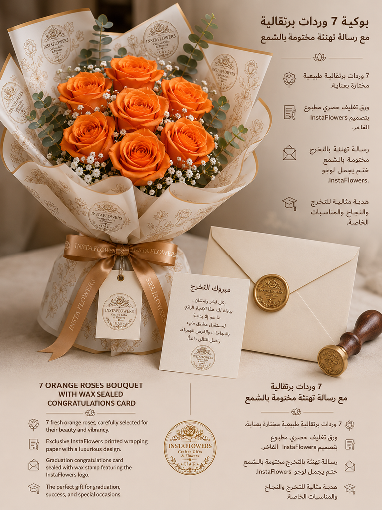 7 Orange Roses Bouquet with Luxury Wax-Sealed Congratulations Card بوكيه مكون من 7 وردات برتقالية مع بطاقة تهنئة فاخرة مختومة بالشمع